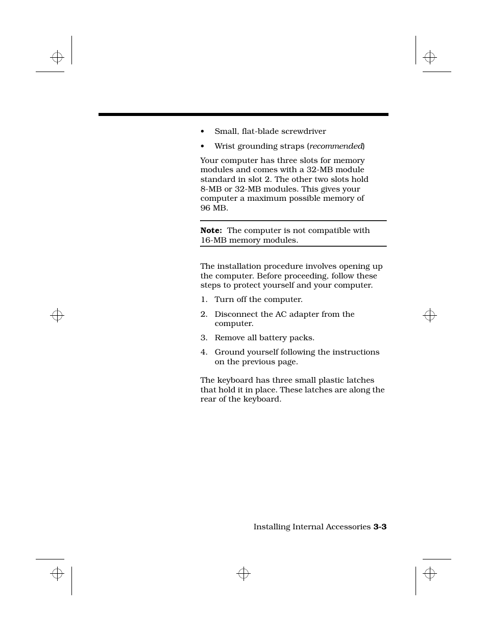 Installing memory modules, Tools required, Maximum memory | Preparing the computer, Locating the keyboard latches | Texas Instruments 6100 User Manual | Page 37 / 113