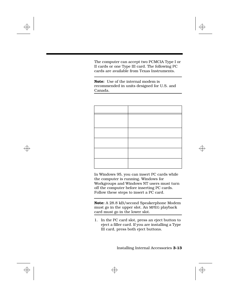 Installing pc cards, Using pc cards, Inserting a pc card | Texas Instruments 6100 User Manual | Page 47 / 113