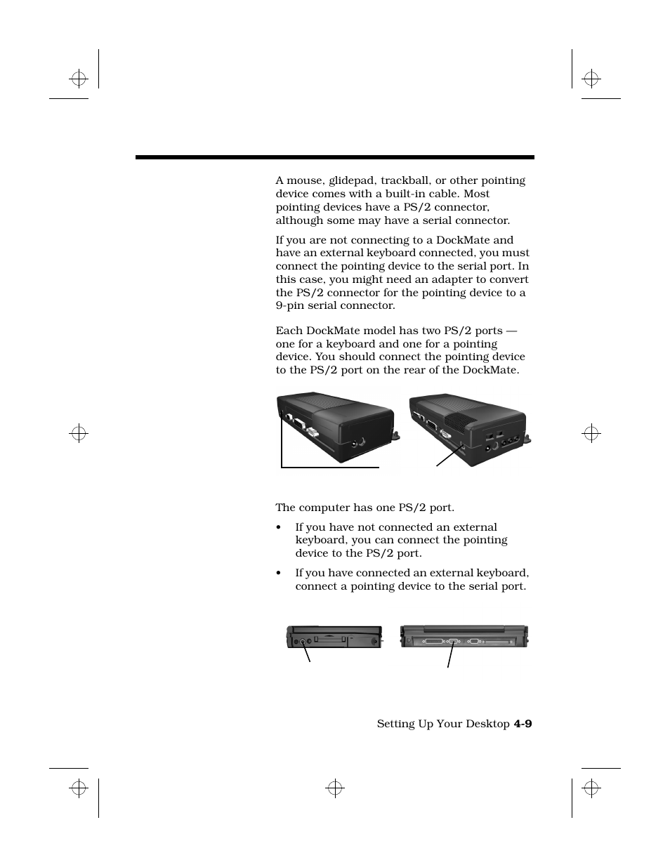 Connecting a pointing device, Required cables/connectors, Connecting to a dockmate | Connecting directly to computer | Texas Instruments 6100 User Manual | Page 59 / 113
