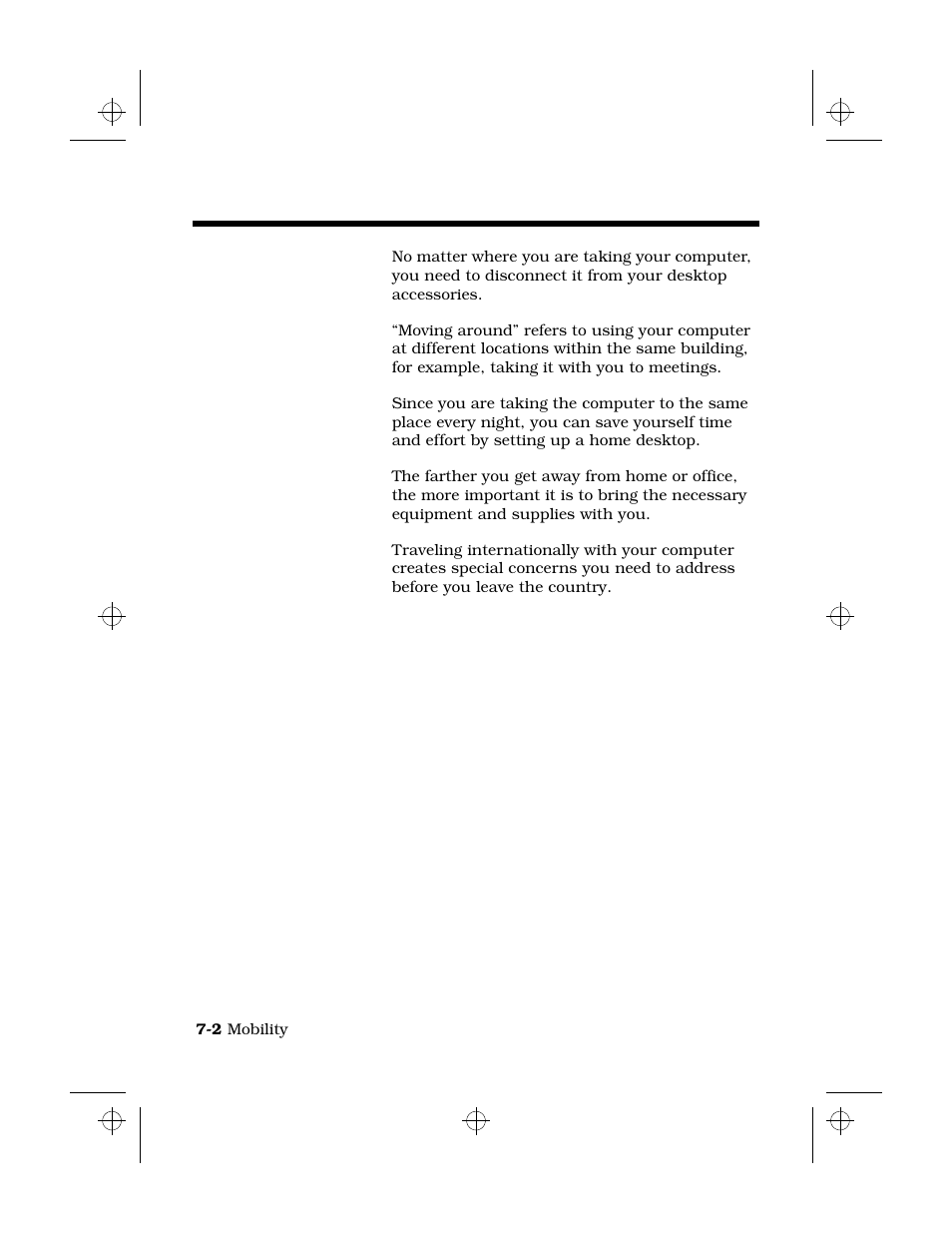 Overview of mobility, Disconnecting from the desktop, Moving around | Taking the computer home, Traveling with the computer, International traveling | Texas Instruments 6100 User Manual | Page 88 / 113