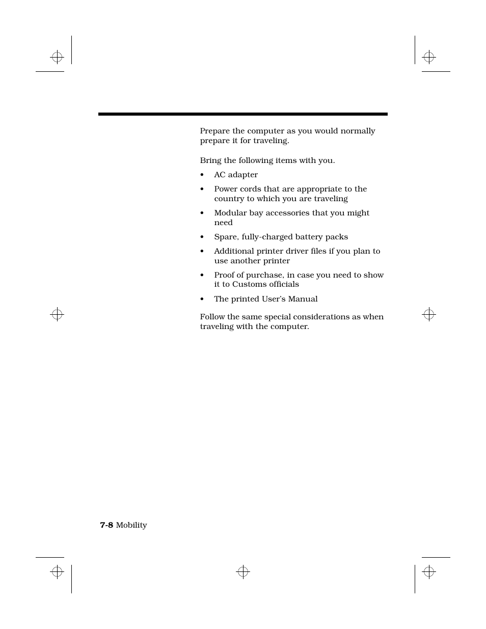 Traveling internationally with the computer 7-8, Preparing the computer, What to bring with you | Special considerations, Traveling internationally with the computer | Texas Instruments 6100 User Manual | Page 94 / 113