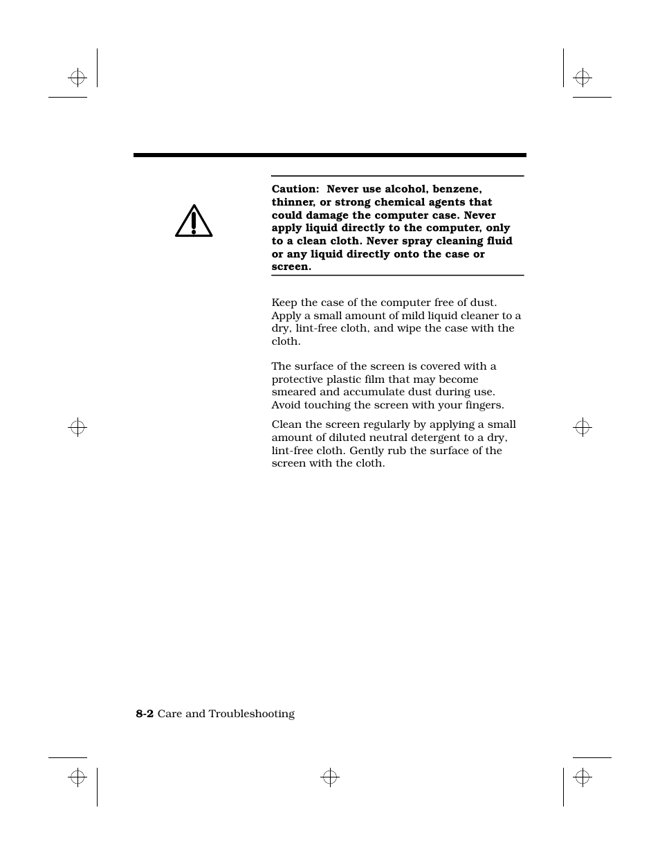 Cleaning the computer, Cleaning the case, Cleaning the screen | Texas Instruments 6100 User Manual | Page 96 / 113