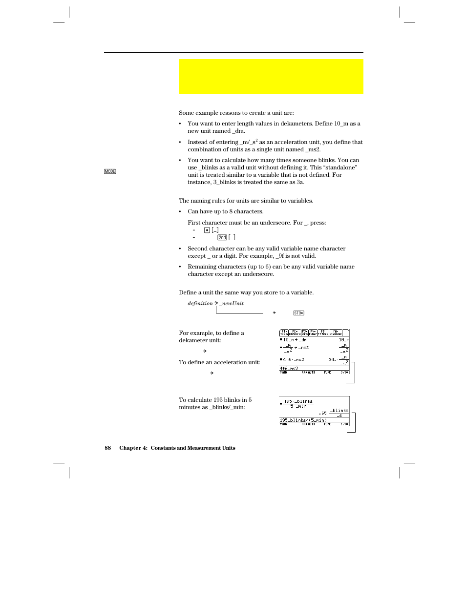 Creating your own user-defined units, Why use your own units, Rules for user-defined unit names | Defining a unit | Texas Instruments PLUS TI-89 User Manual | Page 105 / 623