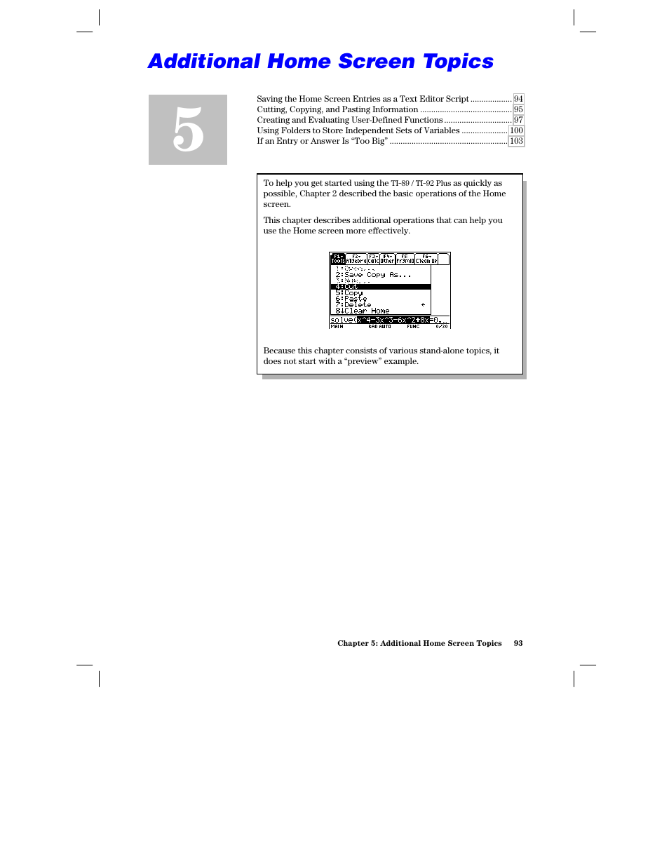 Chapter 5: additional home screen topics | Texas Instruments PLUS TI-89 User Manual | Page 110 / 623