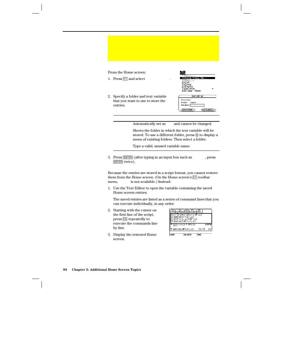 Saving the entries in the history area, Restoring the saved entries | Texas Instruments PLUS TI-89 User Manual | Page 111 / 623