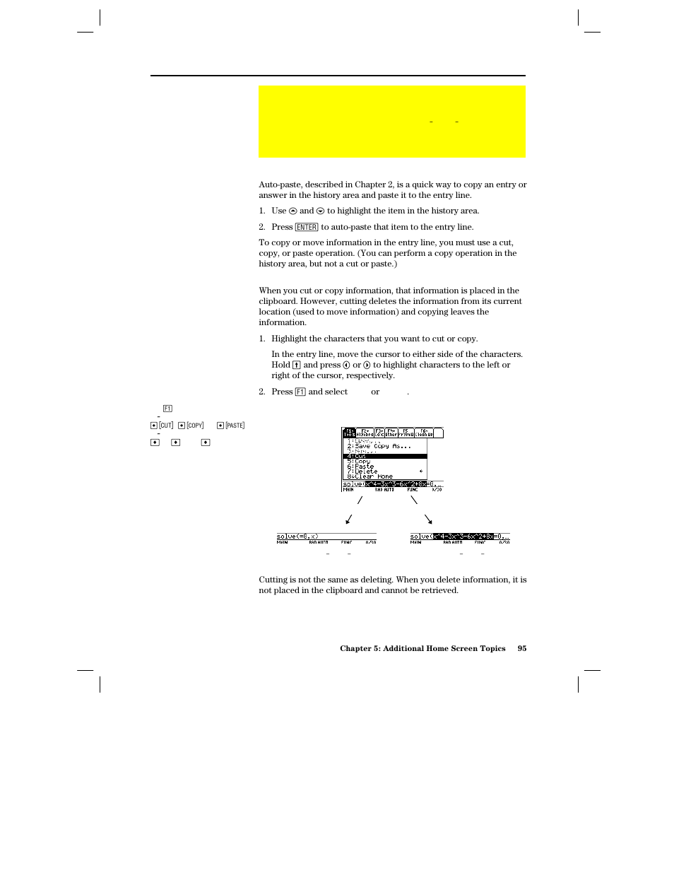 Cutting, copying, and pasting information, Auto-paste vs. cut/ copy/ paste, Cutting or copying information to the clipboard | Texas Instruments PLUS TI-89 User Manual | Page 112 / 623