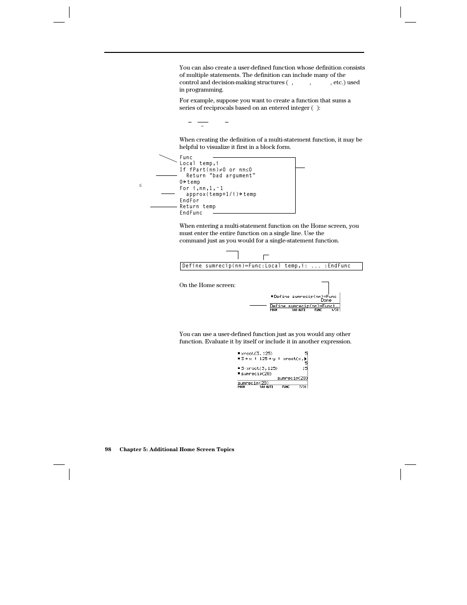 Creating a multi-statement function, Evaluating a function | Texas Instruments PLUS TI-89 User Manual | Page 115 / 623