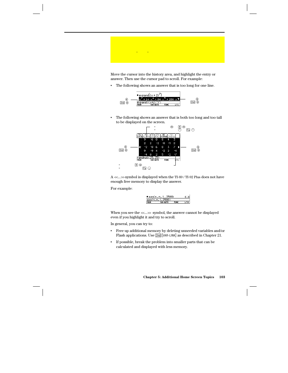 If an entry or answer is “too big, If an entry or answer is “too long, If there is not enough memory | Texas Instruments PLUS TI-89 User Manual | Page 120 / 623