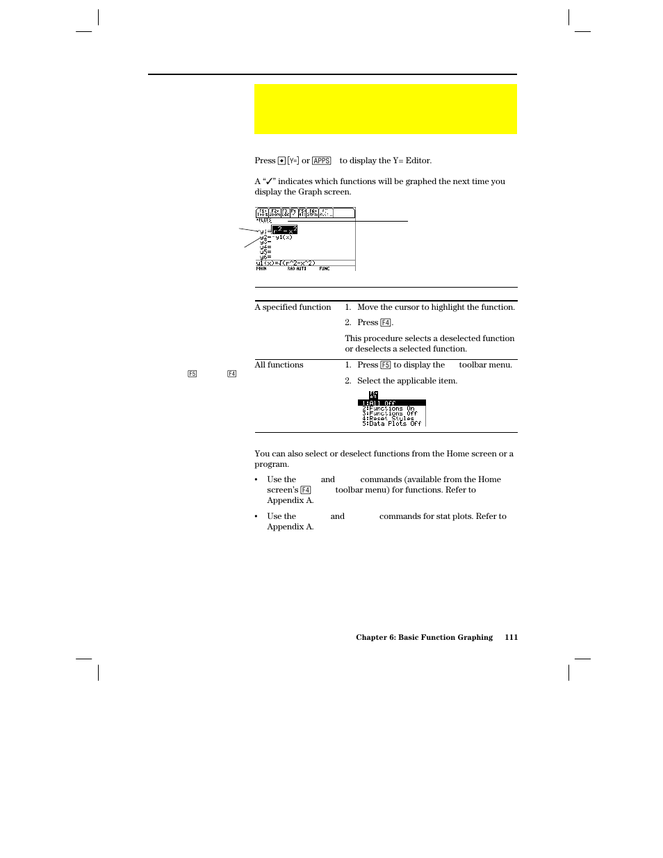 Selecting functions to graph, Selecting or deselecting functions, From the home screen or a program | Texas Instruments PLUS TI-89 User Manual | Page 128 / 623