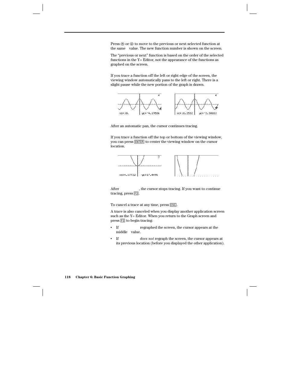 Moving from function to function, Automatic panning, Using quickcenter | Canceling trace | Texas Instruments PLUS TI-89 User Manual | Page 135 / 623