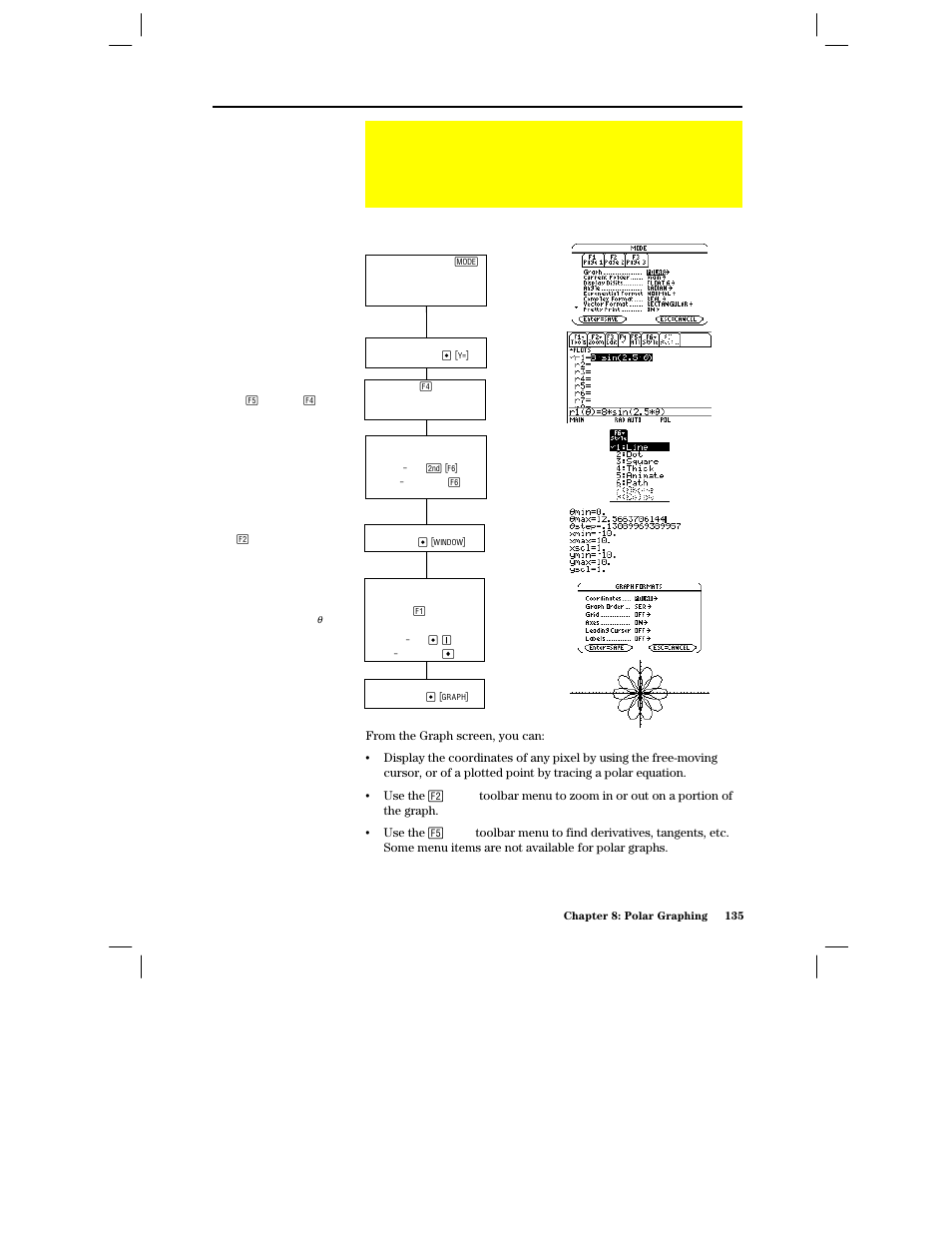 Overview of steps in graphing polar equations, Graphing polar equations, Exploring the graph | Texas Instruments PLUS TI-89 User Manual | Page 152 / 623