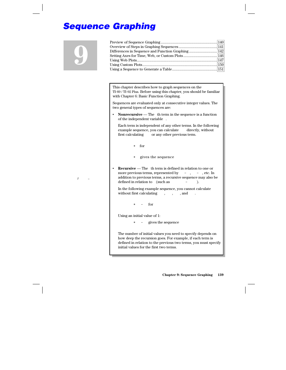 Chapter 9: sequence graphing | Texas Instruments PLUS TI-89 User Manual | Page 156 / 623