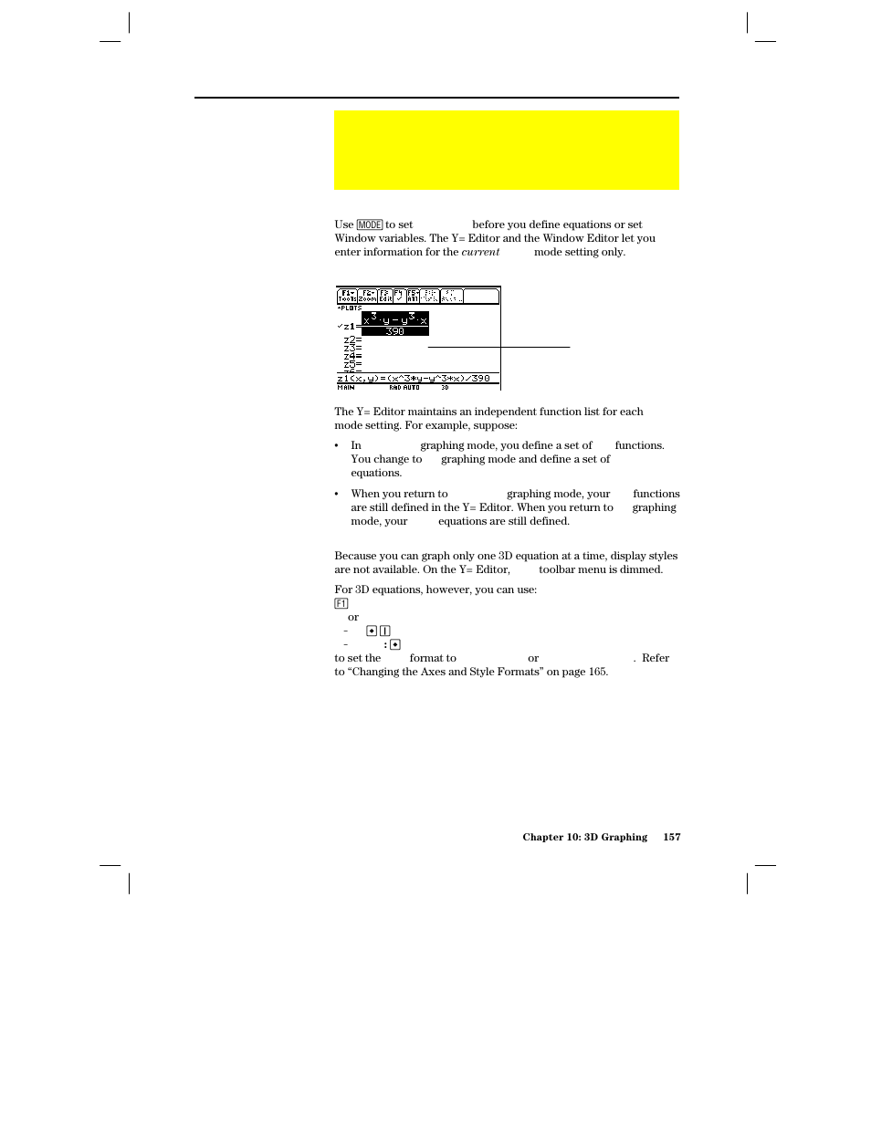 Differences in 3d and function graphing, Setting the graph mode, Defining 3d equations on the y= editor | Selecting the display style | Texas Instruments PLUS TI-89 User Manual | Page 174 / 623