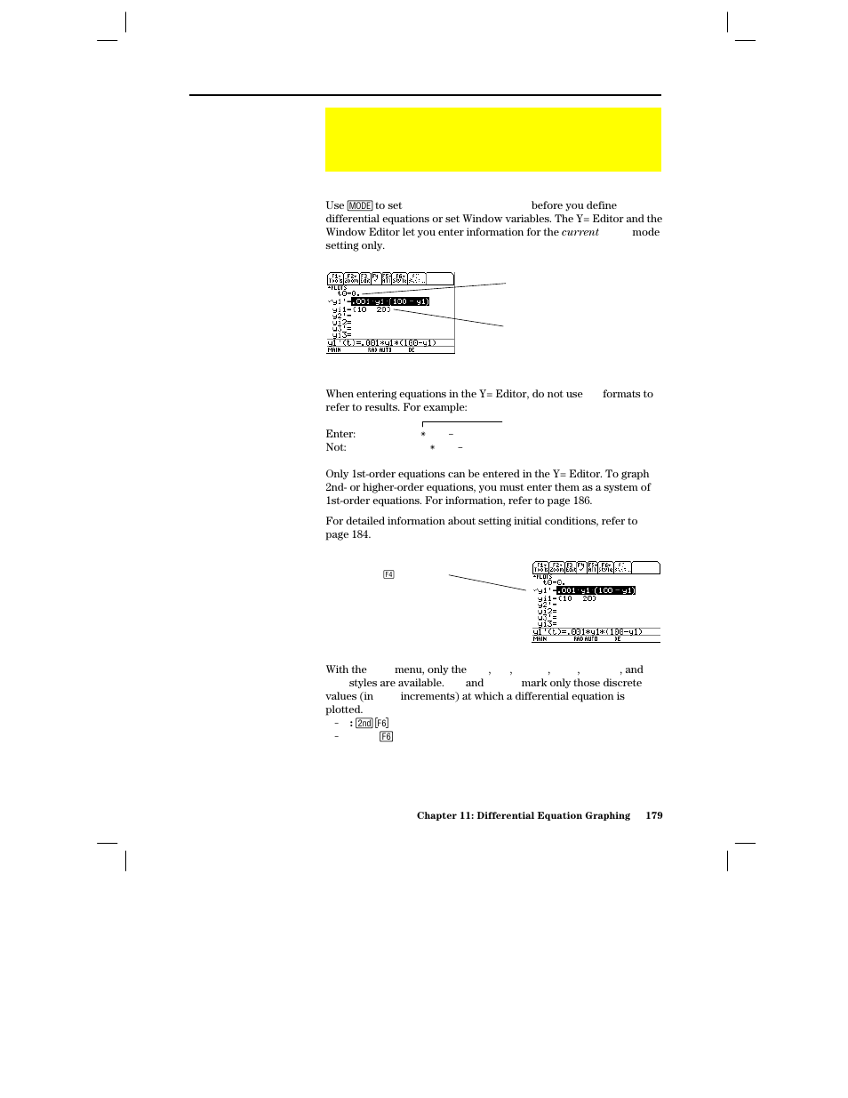 Setting the graph mode, Defining differential equations on the y= editor, Selecting differential equations | Selecting the display style | Texas Instruments PLUS TI-89 User Manual | Page 196 / 623