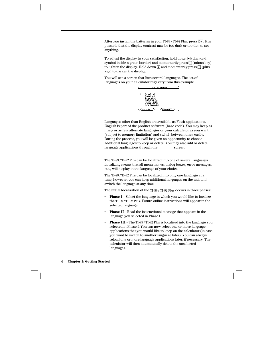 Setting the contrast and selecting a language, Languages on the ti- 89 / ti- 92 plus, Important information about the language process | Texas Instruments PLUS TI-89 User Manual | Page 21 / 623