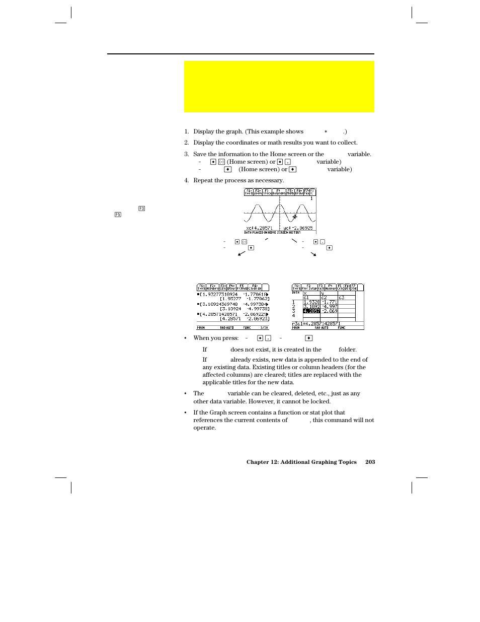 Collecting data points from a graph, Collecting the points, Notes about sysdata variable | Texas Instruments PLUS TI-89 User Manual | Page 220 / 623