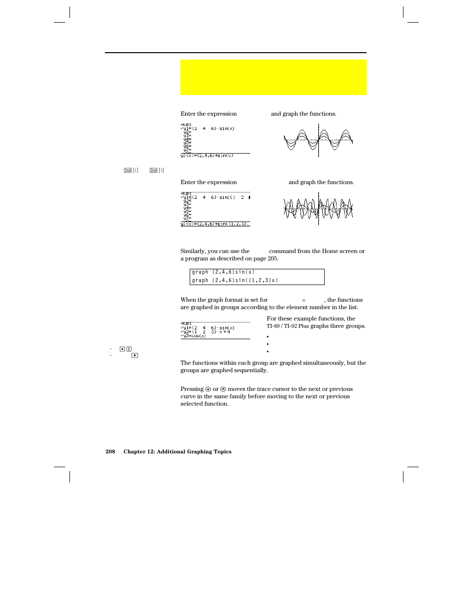 Graphing a family of curves, Examples using the y= editor, Example using the graph command | Simultaneous graphs with lists, When tracing a family of curves | Texas Instruments PLUS TI-89 User Manual | Page 225 / 623