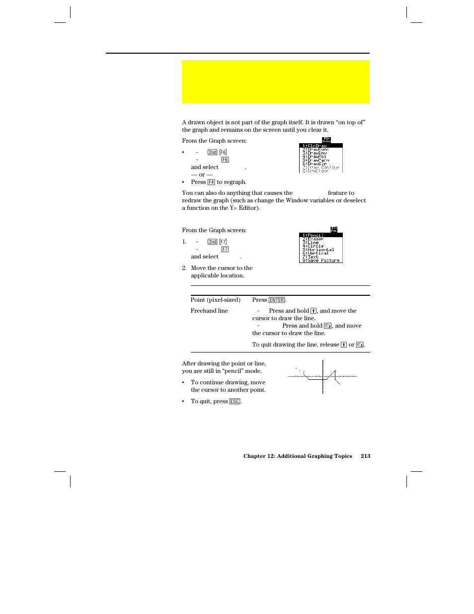 Drawing a line, circle, or text label on a graph, Clearing all drawings, Drawing a point or a freehand line | Texas Instruments PLUS TI-89 User Manual | Page 230 / 623