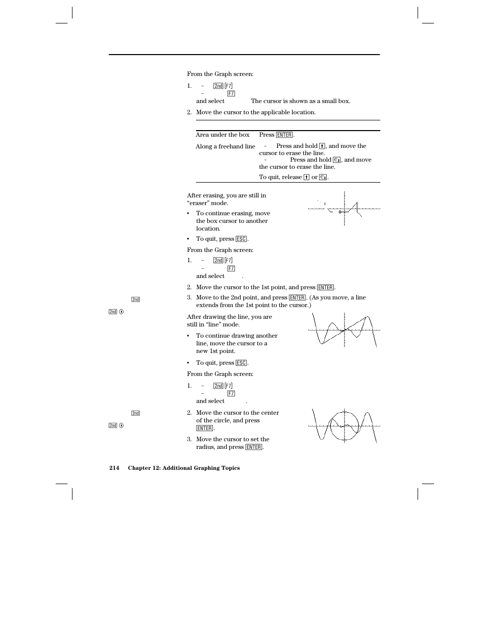 Erasing individual parts of a drawing object, Drawing a line between two points, Drawing a circle | Texas Instruments PLUS TI-89 User Manual | Page 231 / 623