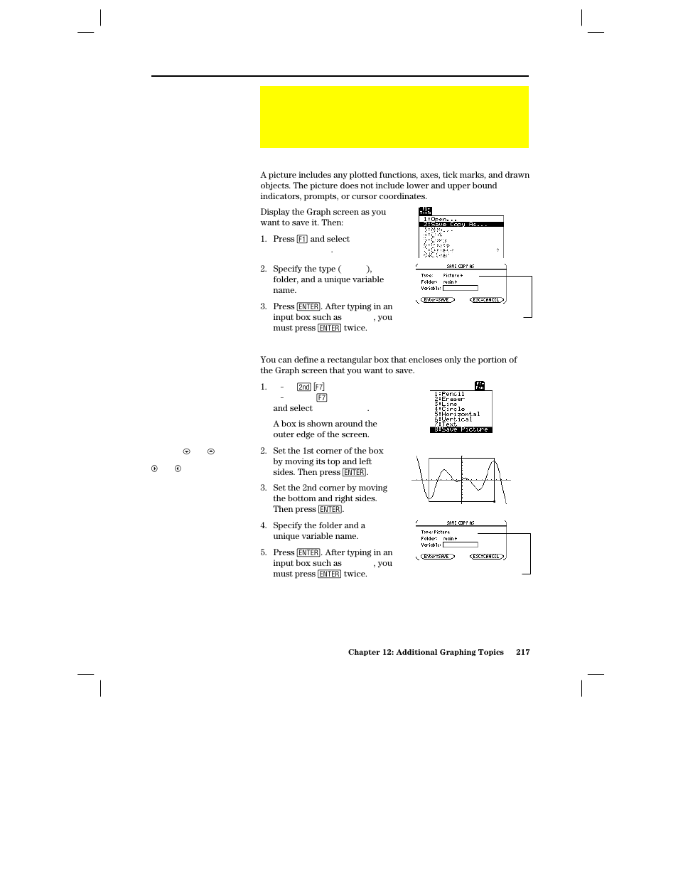 Saving and opening a picture of a graph, Saving a picture of the whole graph screen, Saving a portion of the graph screen | Texas Instruments PLUS TI-89 User Manual | Page 234 / 623