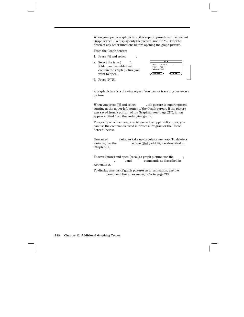 Opening a graph picture, Deleting a graph picture, From a program or the home screen | Texas Instruments PLUS TI-89 User Manual | Page 235 / 623