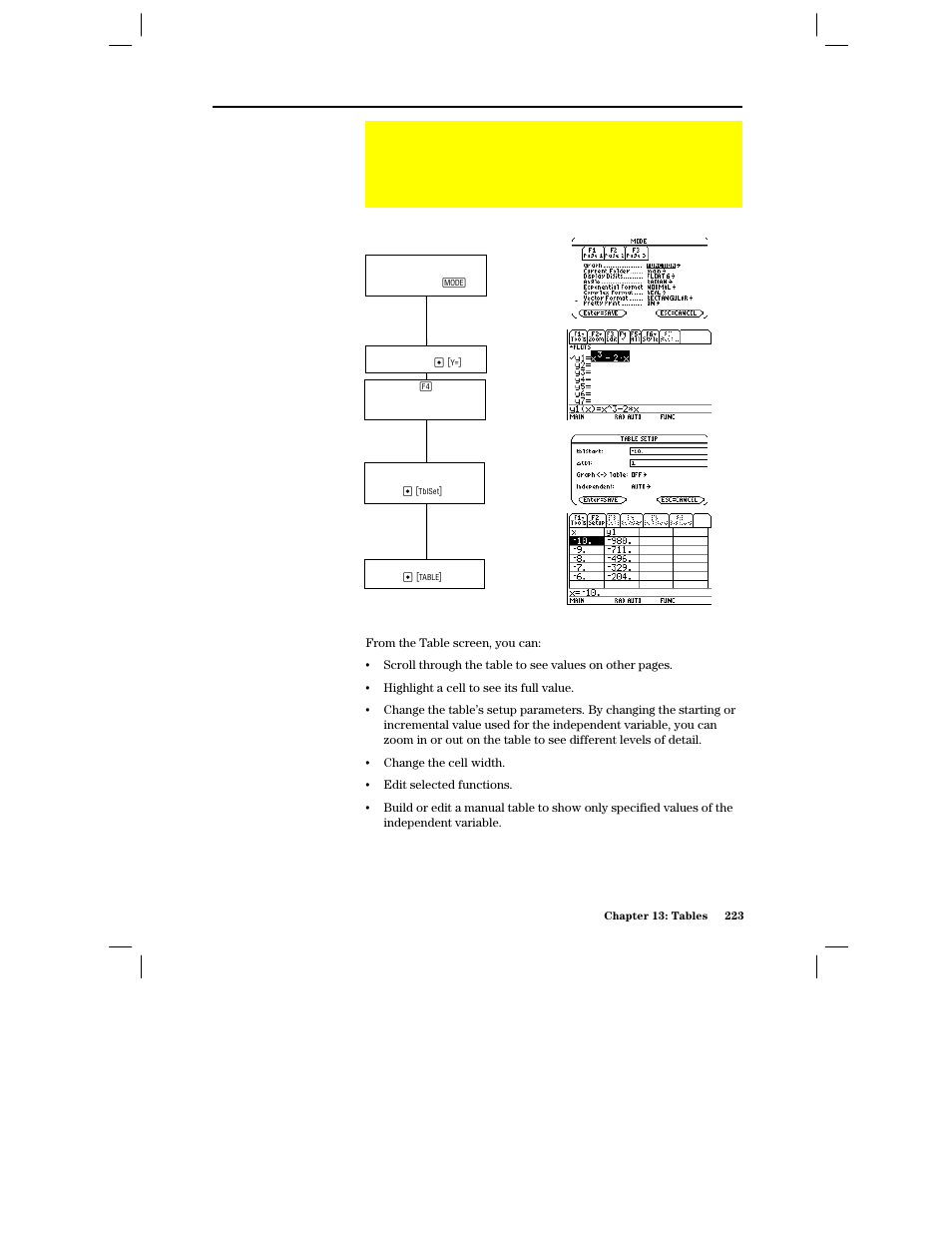 Overview of steps in generating a table, Generating a table, Exploring the table | Texas Instruments PLUS TI-89 User Manual | Page 240 / 623