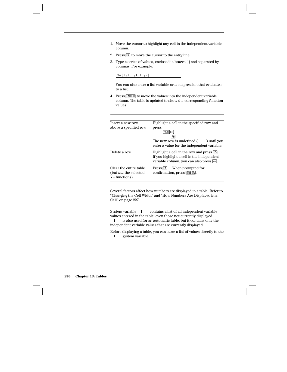 Entering a list in the independent variable column, Adding, deleting, or clearing, Cell width and display formats | From the home screen or a program | Texas Instruments PLUS TI-89 User Manual | Page 247 / 623
