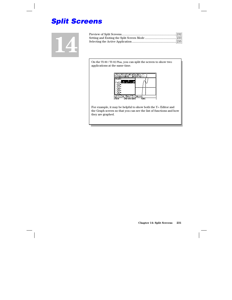 Chapter 14: split screens | Texas Instruments PLUS TI-89 User Manual | Page 248 / 623