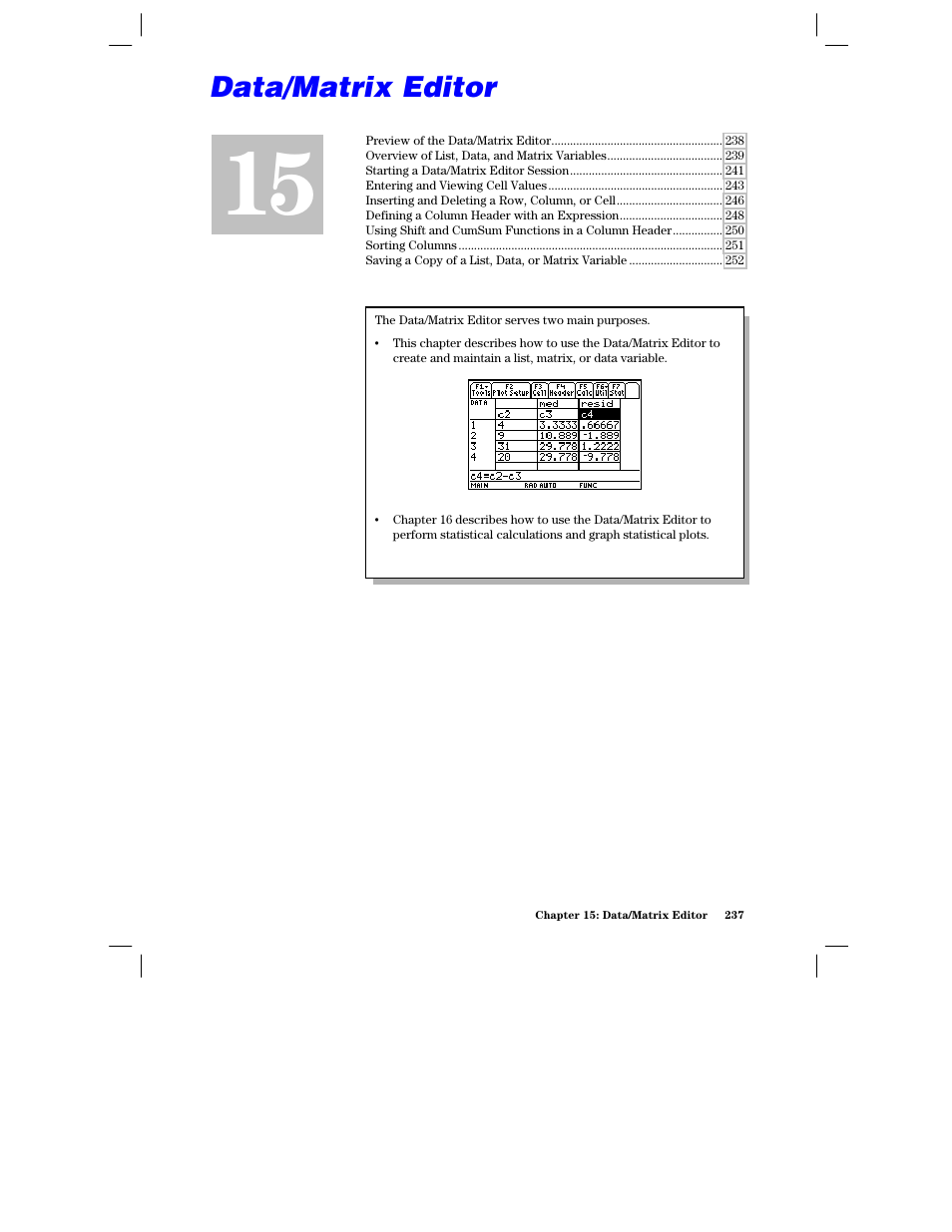 Chapter 15: data/ matrix editor, Chapter 15: data/matrix editor | Texas Instruments PLUS TI-89 User Manual | Page 254 / 623