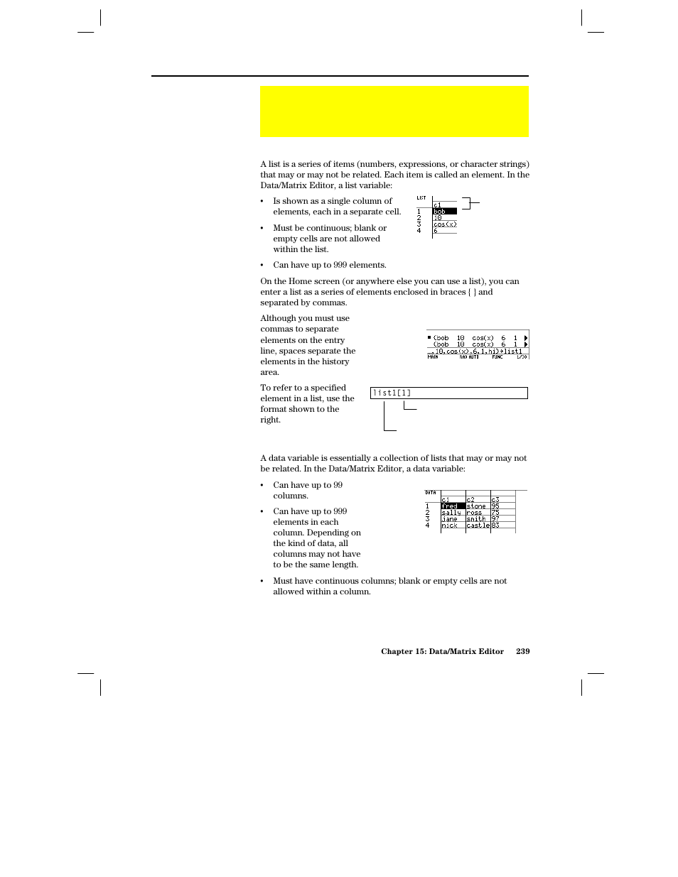 Overview of list, data, and matrix variables, List variable, Data variable | Texas Instruments PLUS TI-89 User Manual | Page 256 / 623