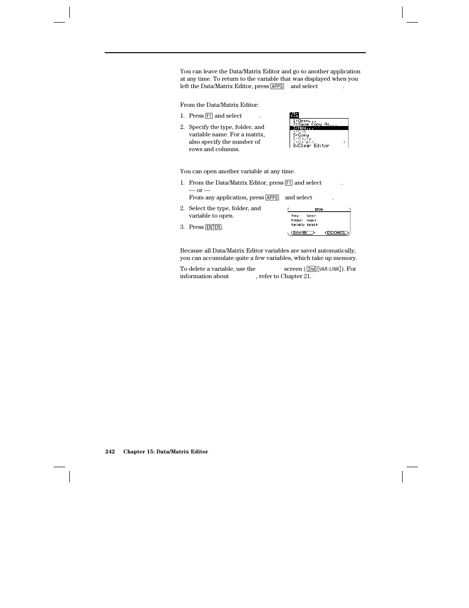 Using the current variable, Opening another variable, Note about deleting a variable | Texas Instruments PLUS TI-89 User Manual | Page 259 / 623