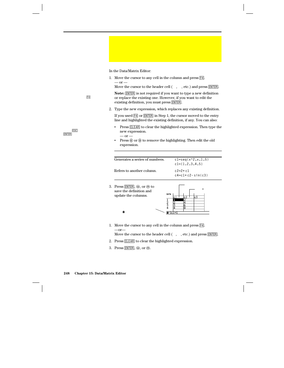 Defining a column header with an expression, Entering a header definition, Clearing a header definition | Texas Instruments PLUS TI-89 User Manual | Page 265 / 623