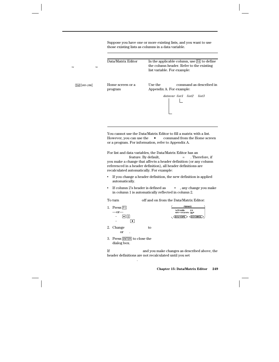 Using an existing list as a column, To fill a matrix with a list, The auto-calculate feature | Texas Instruments PLUS TI-89 User Manual | Page 266 / 623