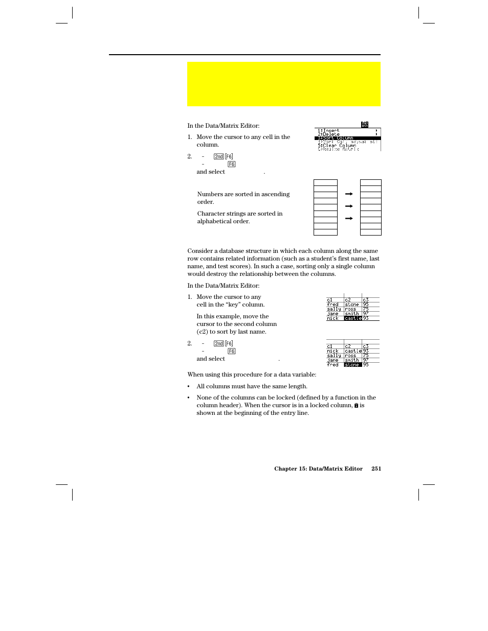 Sorting columns, Sorting a single column, Sorting all columns based on a “key” column | Texas Instruments PLUS TI-89 User Manual | Page 268 / 623