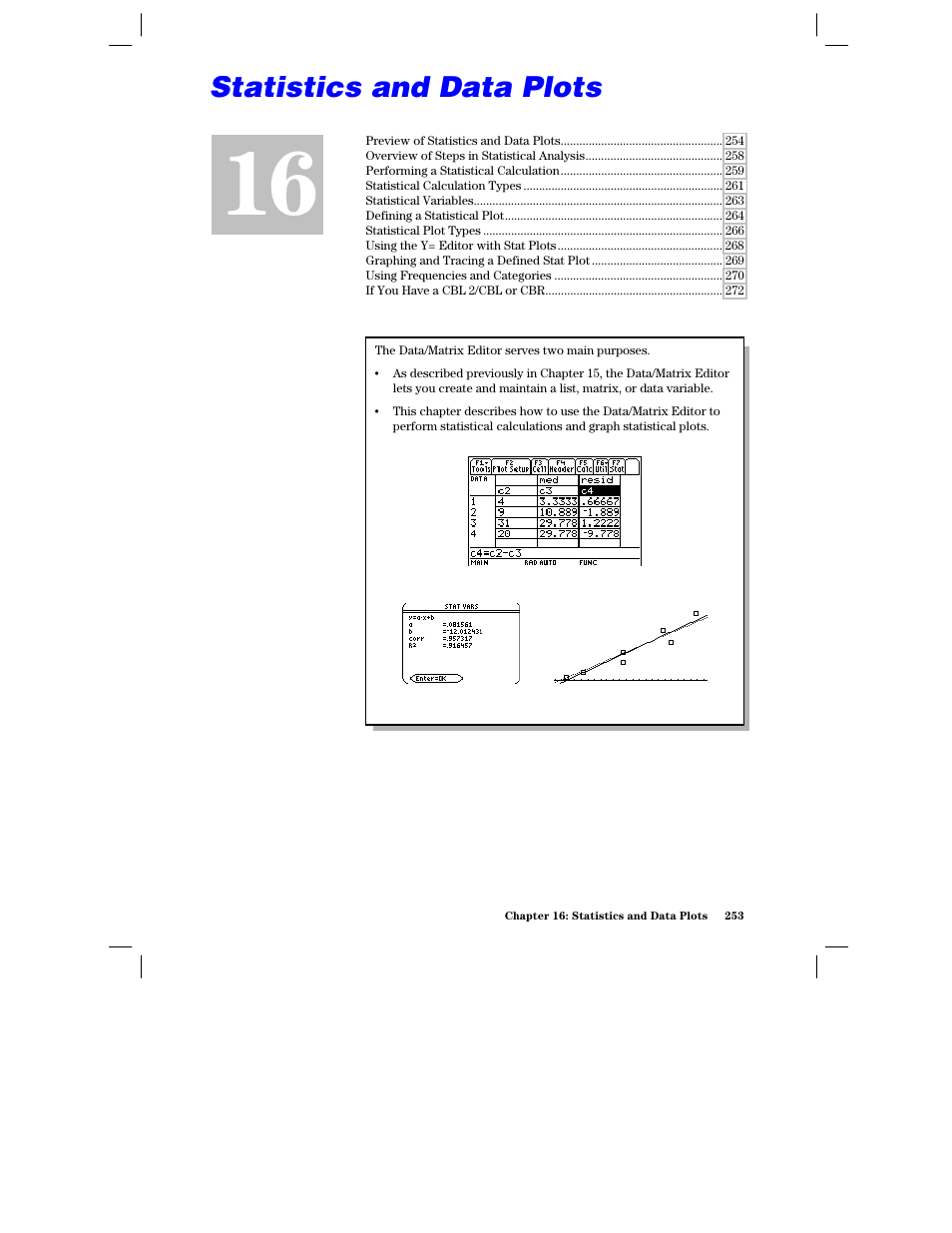 Chapter 16: statistics and data plots | Texas Instruments PLUS TI-89 User Manual | Page 270 / 623