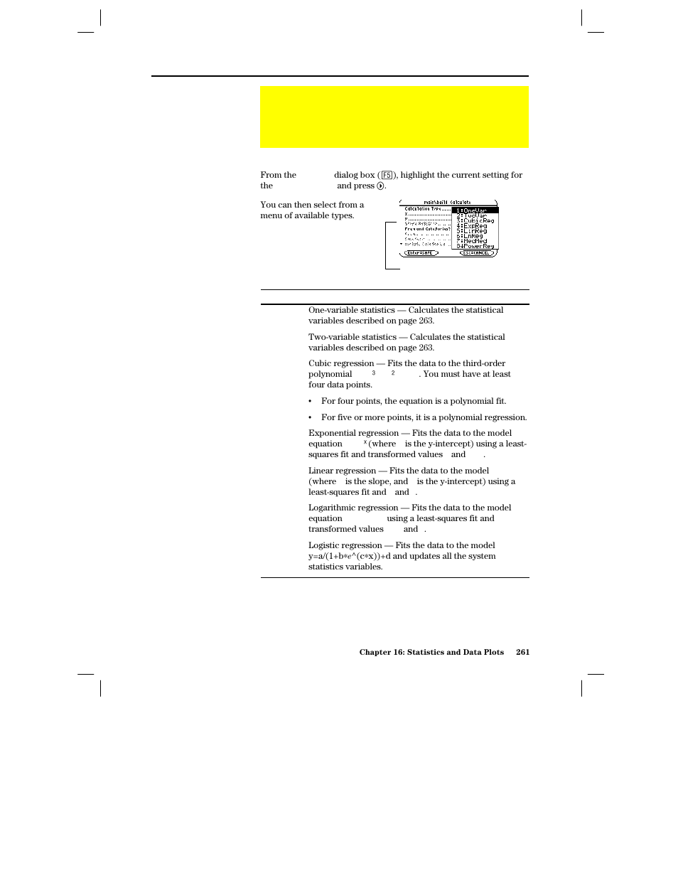 Statistical calculation types, Selecting the calculation type | Texas Instruments PLUS TI-89 User Manual | Page 278 / 623