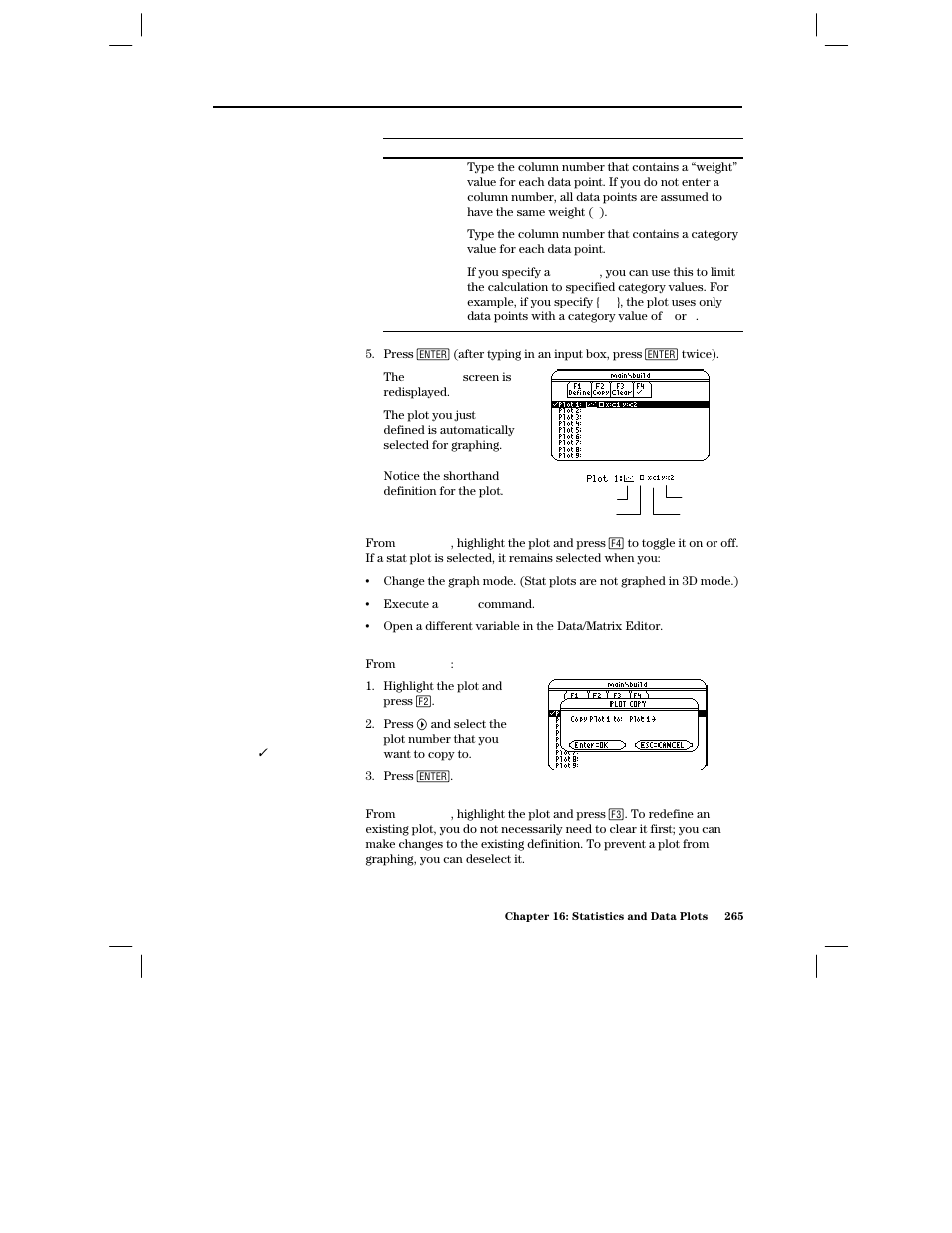 Selecting or deselecting a plot, Copying a plot definition, Clearing a plot definition | Texas Instruments PLUS TI-89 User Manual | Page 282 / 623