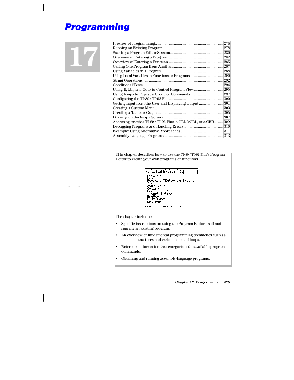 Chapter 17: programming | Texas Instruments PLUS TI-89 User Manual | Page 292 / 623