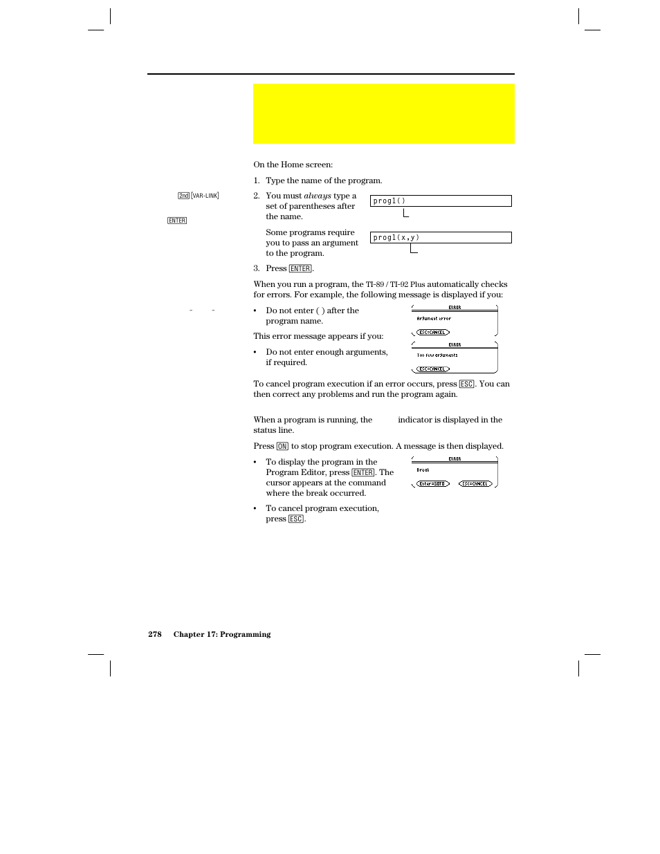 Running an existing program, Running a program, Breaking” a program | Texas Instruments PLUS TI-89 User Manual | Page 295 / 623