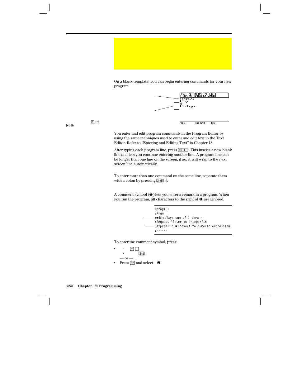 Overview of entering a program, Entering and editing program lines, Entering multi-command lines | Entering comments | Texas Instruments PLUS TI-89 User Manual | Page 299 / 623