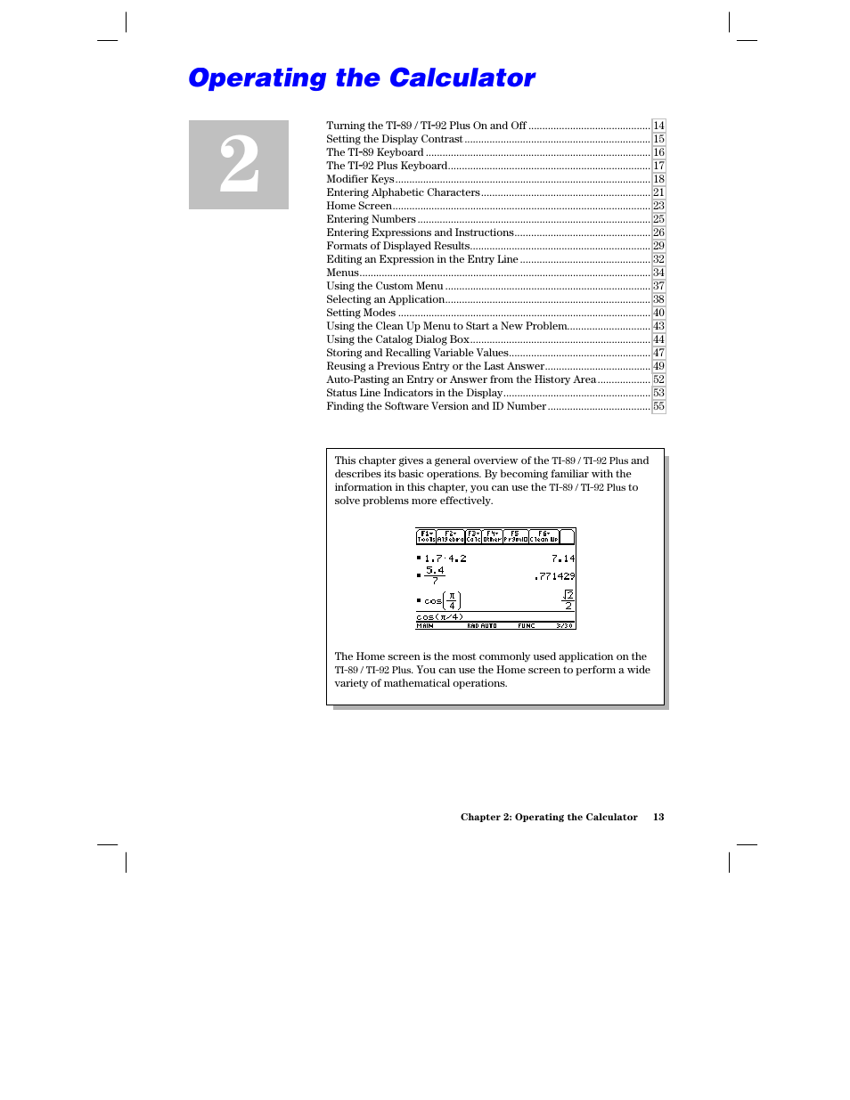 Chapter 2: operating the calculator | Texas Instruments PLUS TI-89 User Manual | Page 30 / 623