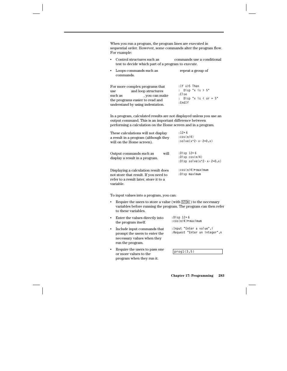 Controlling the flow of a program, Using indentation, Displaying calculated results | Getting values into a program | Texas Instruments PLUS TI-89 User Manual | Page 300 / 623