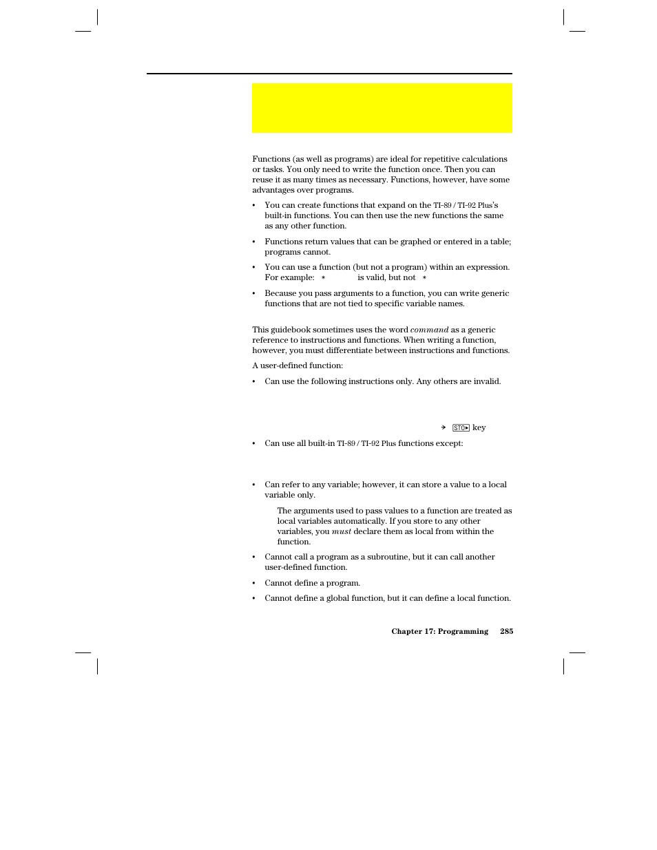 Overview of entering a function, Why create a user-defined function, Differences between functions and programs | Texas Instruments PLUS TI-89 User Manual | Page 302 / 623