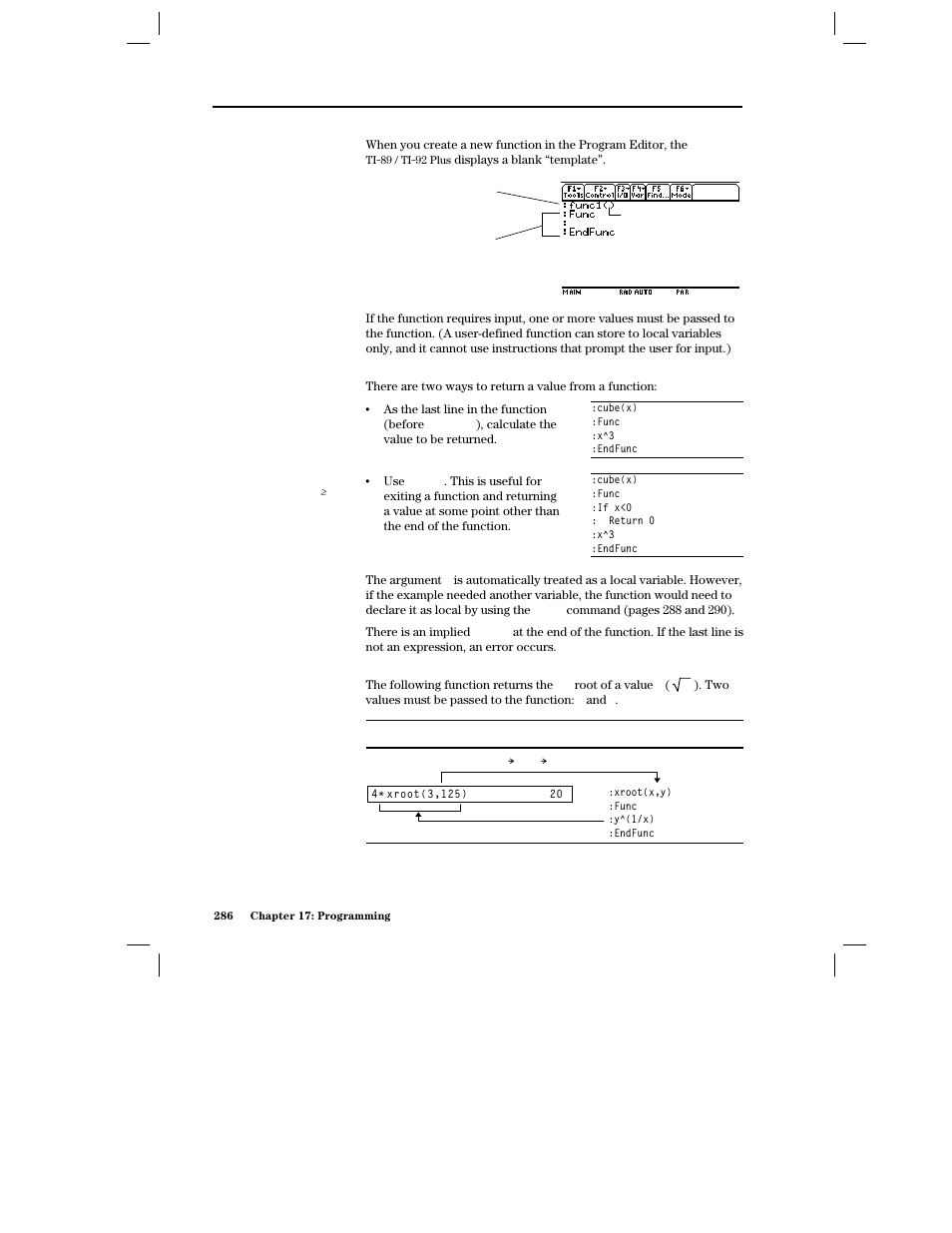 Entering a function, How to return a value from a function, Example of a function | Texas Instruments PLUS TI-89 User Manual | Page 303 / 623