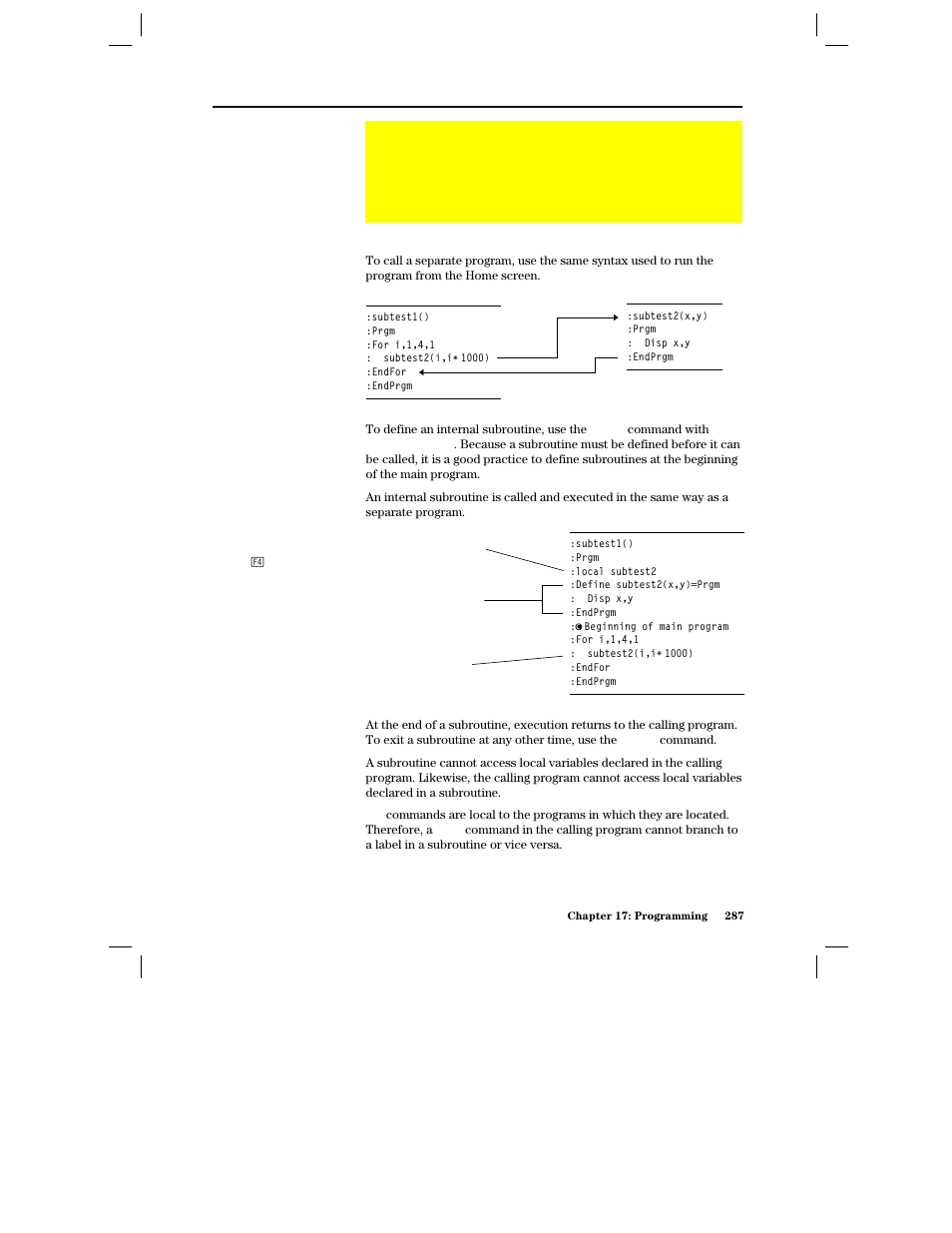 Calling one program from another, Calling a separate program, Calling an internal subroutine | Notes about using subroutines | Texas Instruments PLUS TI-89 User Manual | Page 304 / 623