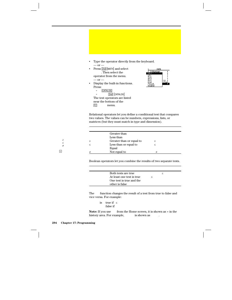 Conditional tests, Entering a test operator, Relational tests | Boolean tests, The not function | Texas Instruments PLUS TI-89 User Manual | Page 311 / 623