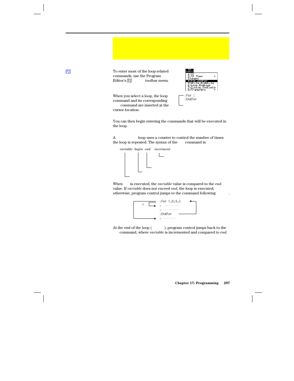 Using loops to repeat a group of commands, F2] control toolbar menu, For...endfor loops | Texas Instruments PLUS TI-89 User Manual | Page 314 / 623