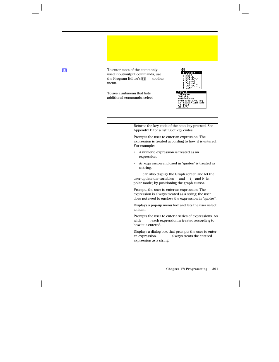 Getting input from the user and displaying output, I/o toolbar menu, Input commands | Texas Instruments PLUS TI-89 User Manual | Page 318 / 623