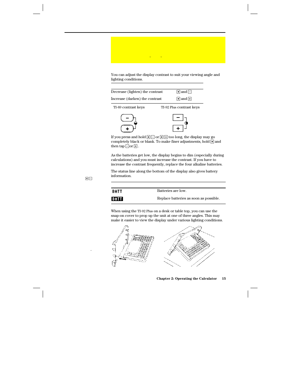 Setting the display contrast, Adjusting the display contrast, When to replace batteries | Using the ti-92 plus cover as a stand | Texas Instruments PLUS TI-89 User Manual | Page 32 / 623