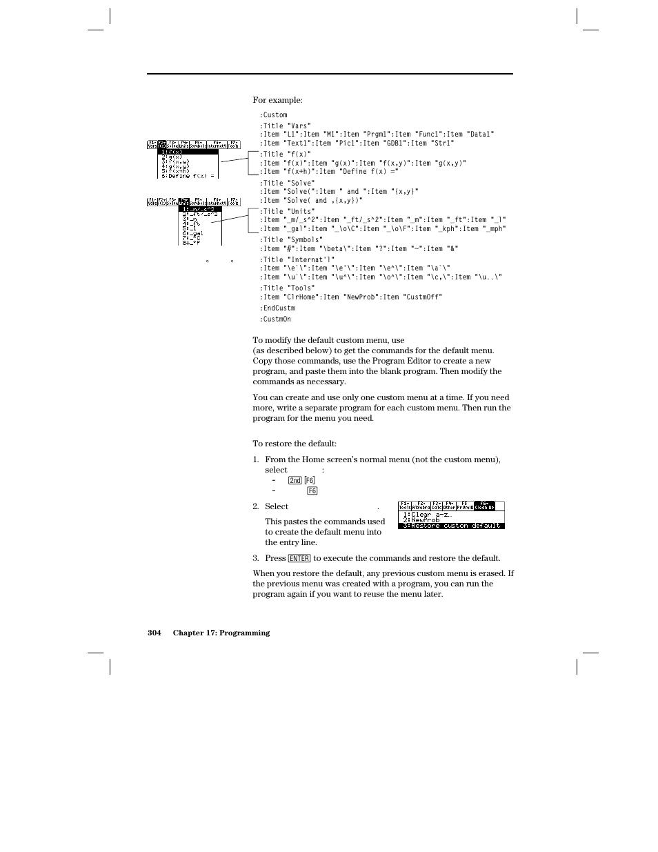Restoring the default custom menu | Texas Instruments PLUS TI-89 User Manual | Page 321 / 623